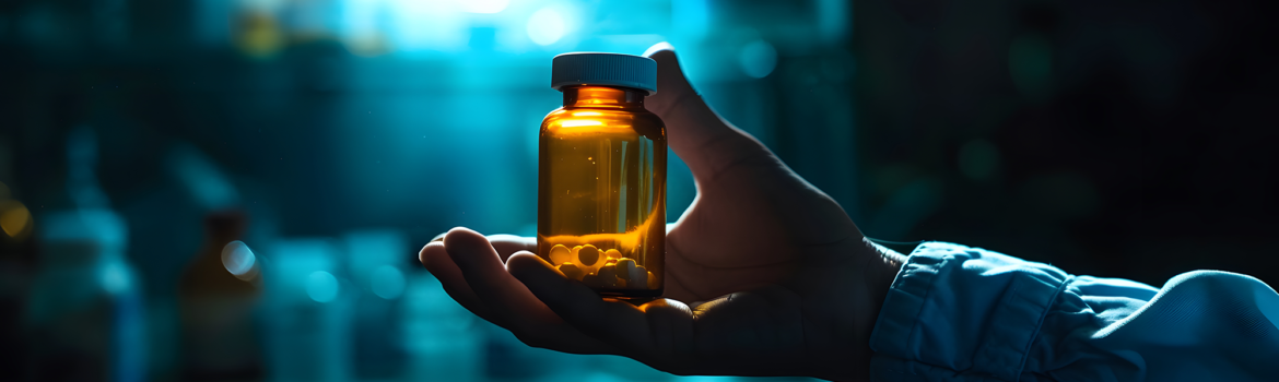 hand holding an amber pharmaceutical bottle