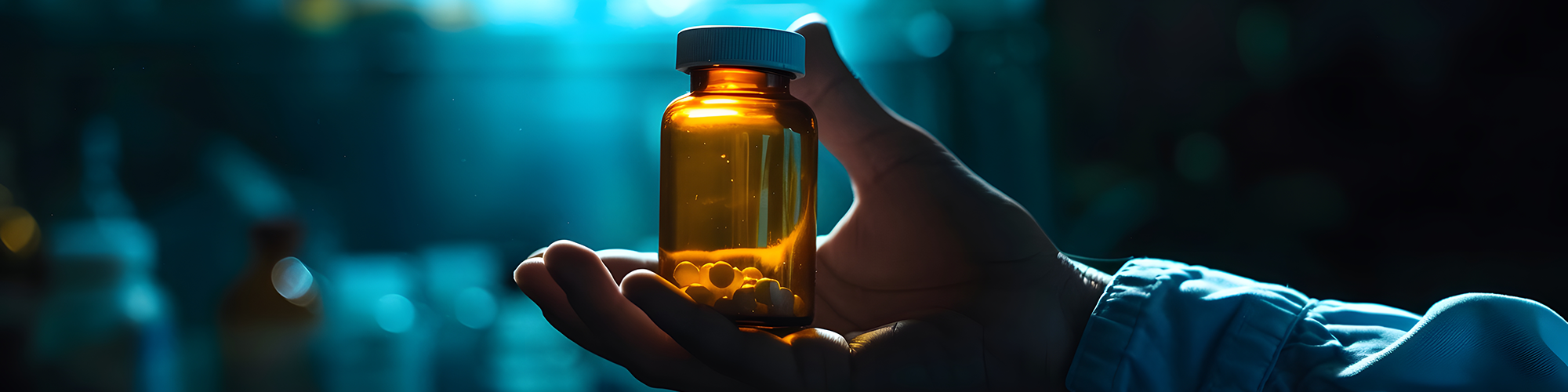 hand holding an amber pharmaceutical bottle