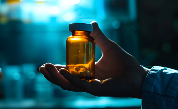 hand holding an amber pharmaceutical bottle