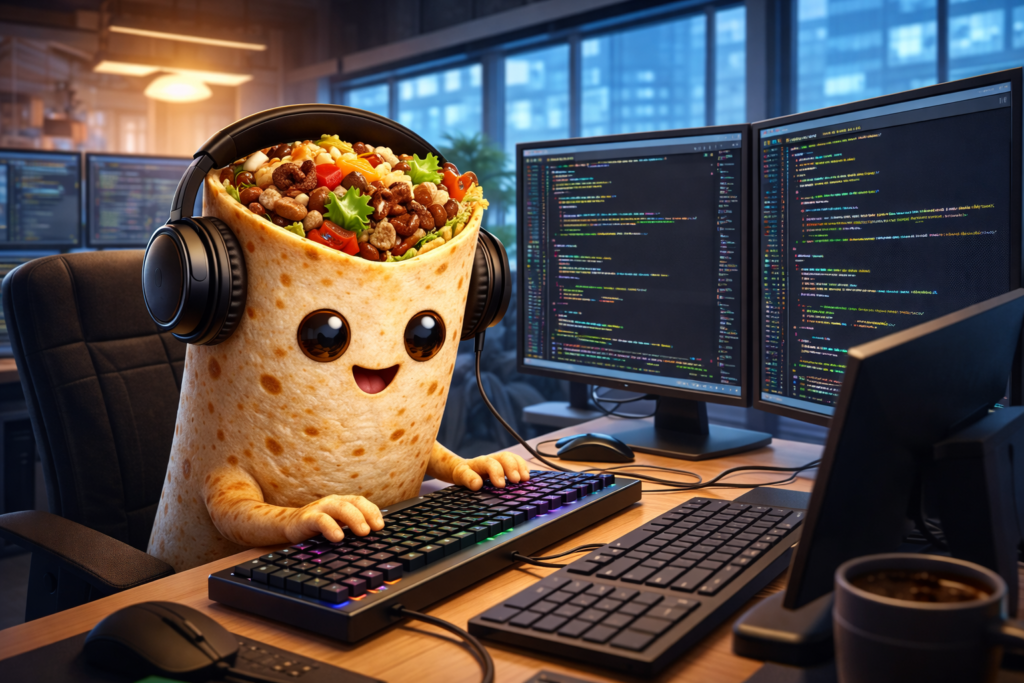 A cartoon burrito happily coding at a keyboard with multiple monitors of code